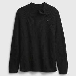 Gap Women Black Asymmetrical Button Mockneck Raglan Sweater
